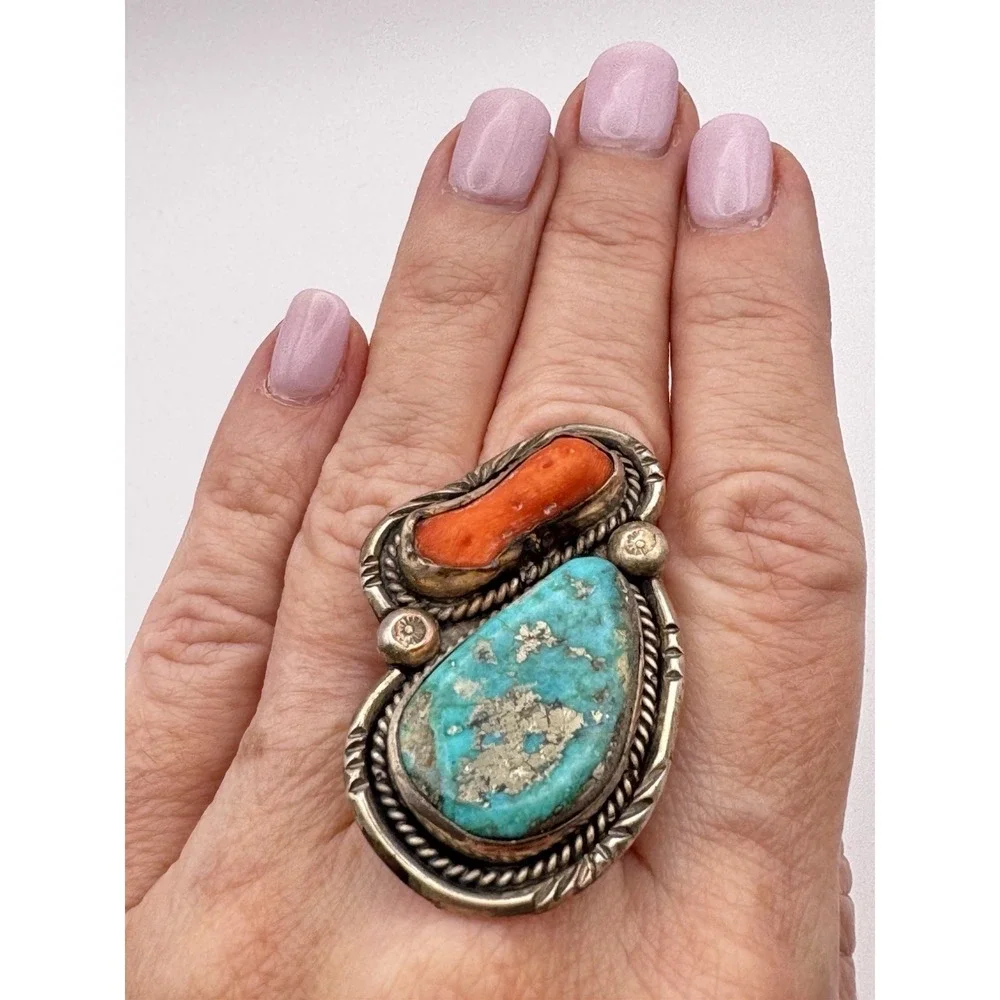 Navajo Sterling Silver Turquoise Coral Ring Size 10 Vintage c1960s 20g